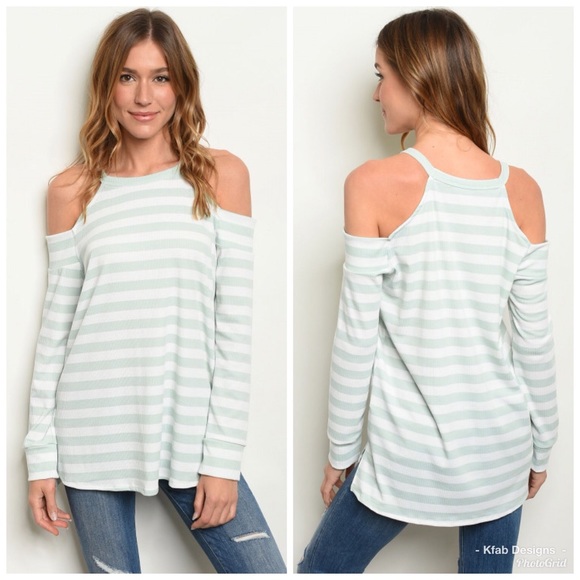 🛍LAST 1! Sage Relaxed Striped Cold Shoulder Top! - Picture 5 of 6